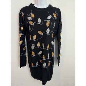 Tipsy Elves Sweater Dress Womens M Black Novelty Lights Sequin Ugly Christmas